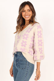 KNITWEAR Remi Vneck Flower Knit Sweater - Lilac