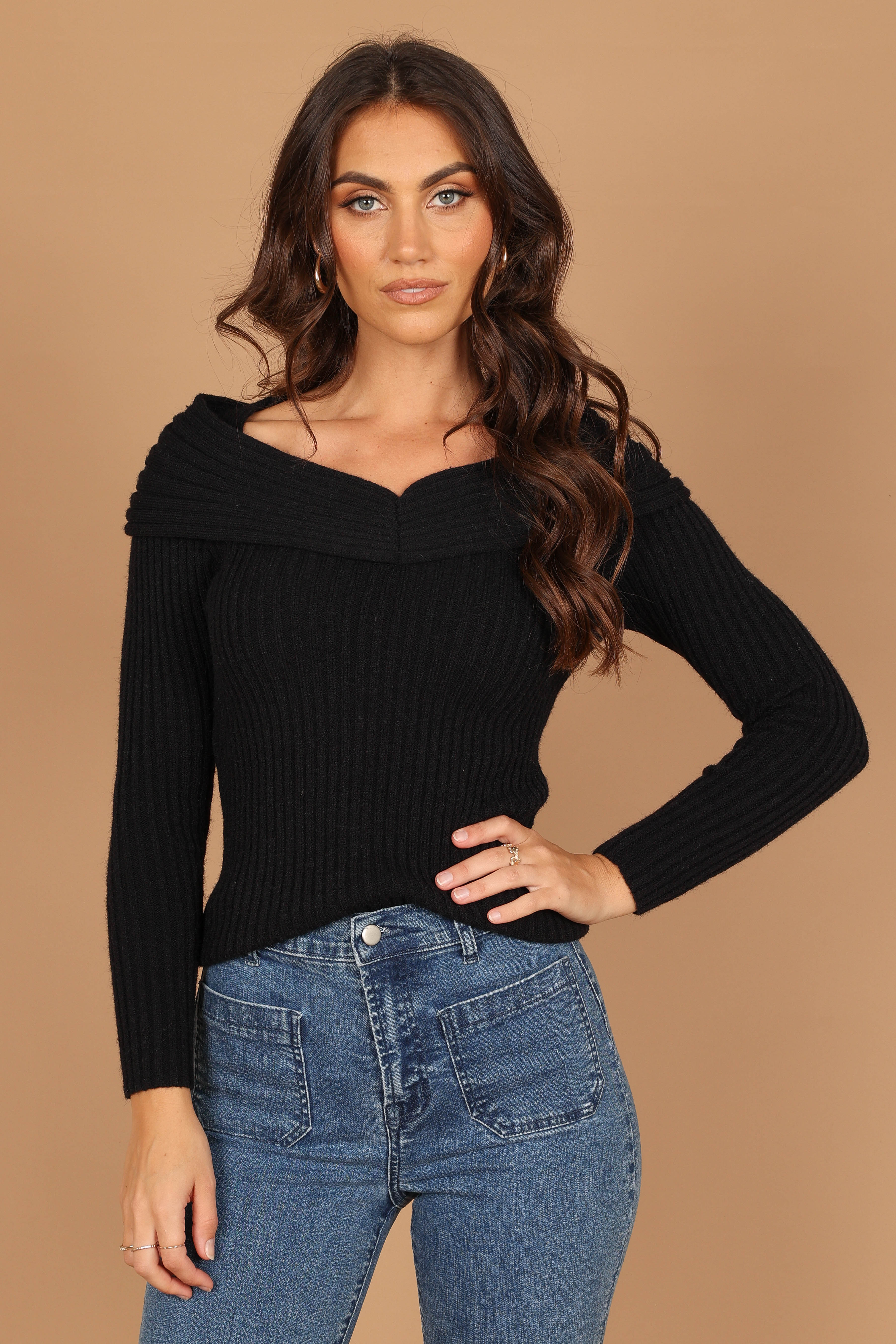 KNITWEAR @Valerie Off Shoulder Knit Sweater - Black