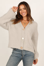 Knitwear @Willow Fuzzy Large Button Cardigan - Light Grey
