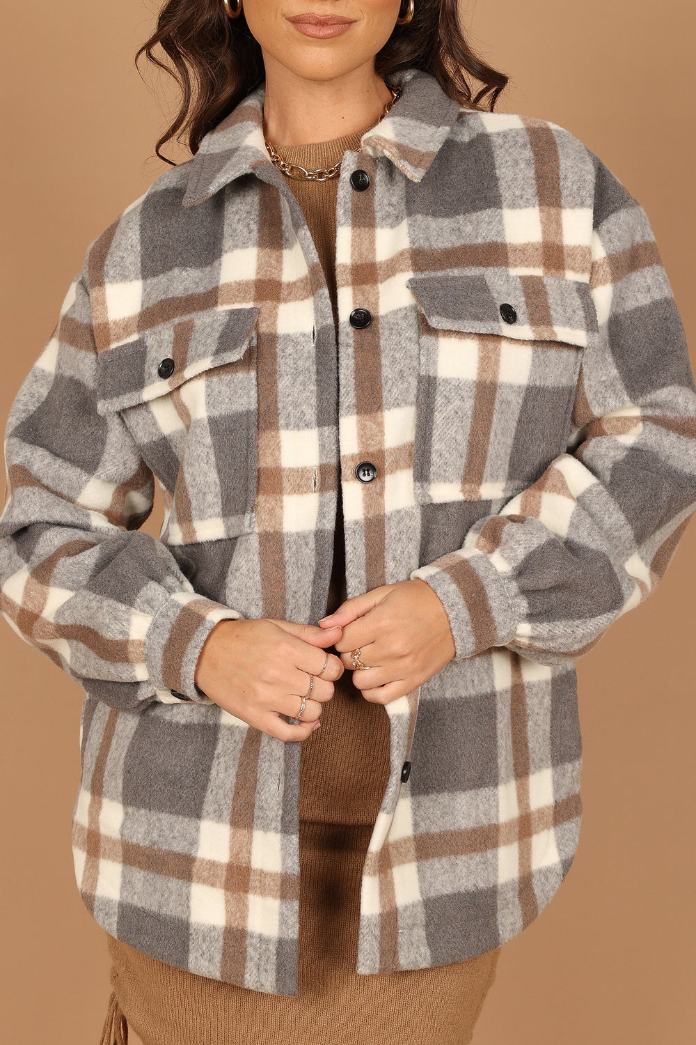 Outerwear @Alex Double-Breasted Pocket Shacket - Grey Check