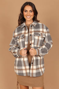 Outerwear @Alex Double-Breasted Pocket Shacket - Grey Check