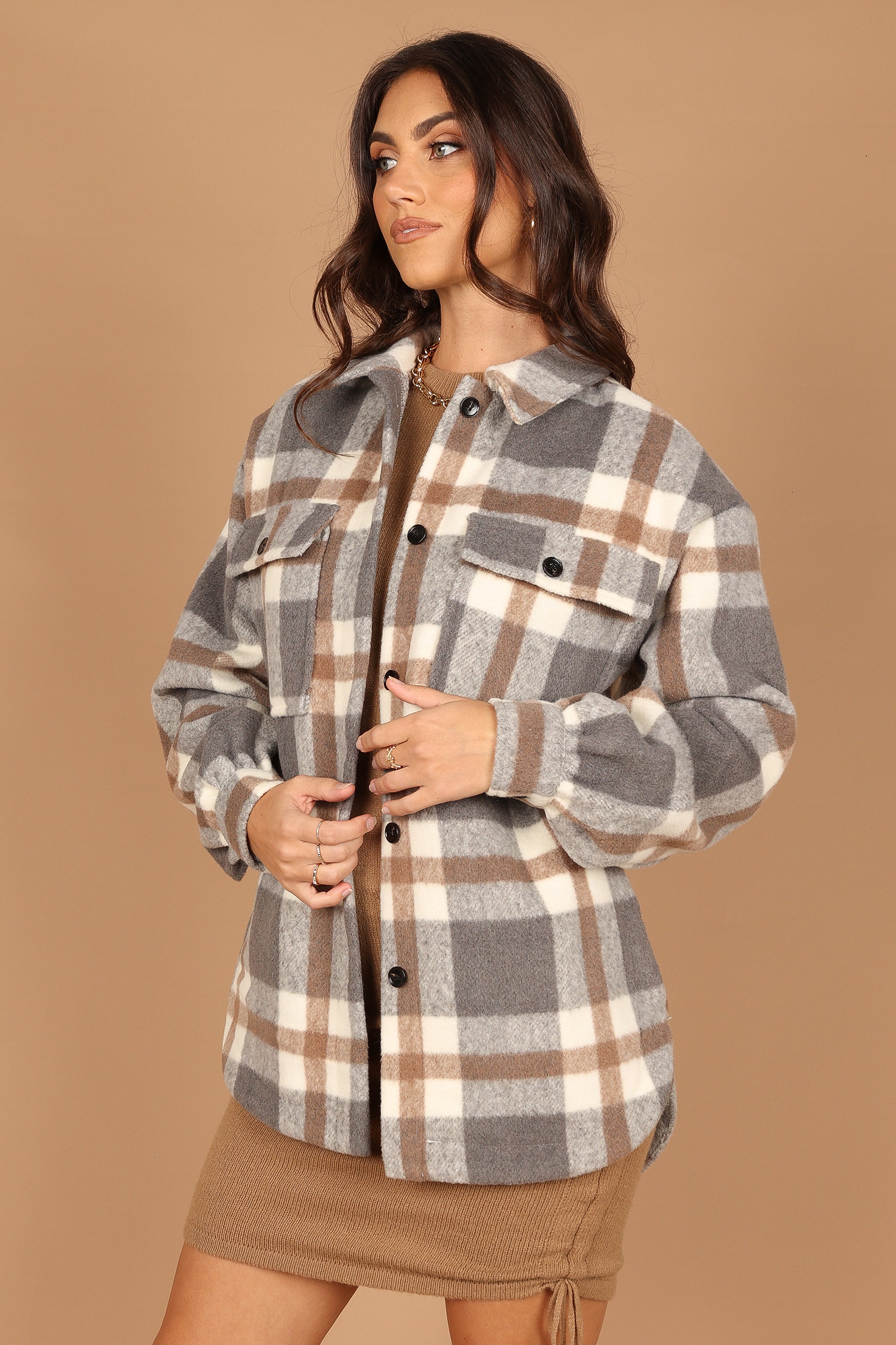 Outerwear @Alex Double-Breasted Pocket Shacket - Grey Check