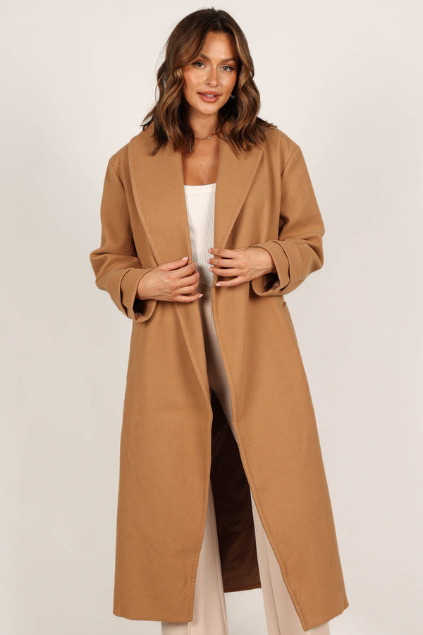 OUTERWEAR @Emersyn Tie Front Coat - Camel