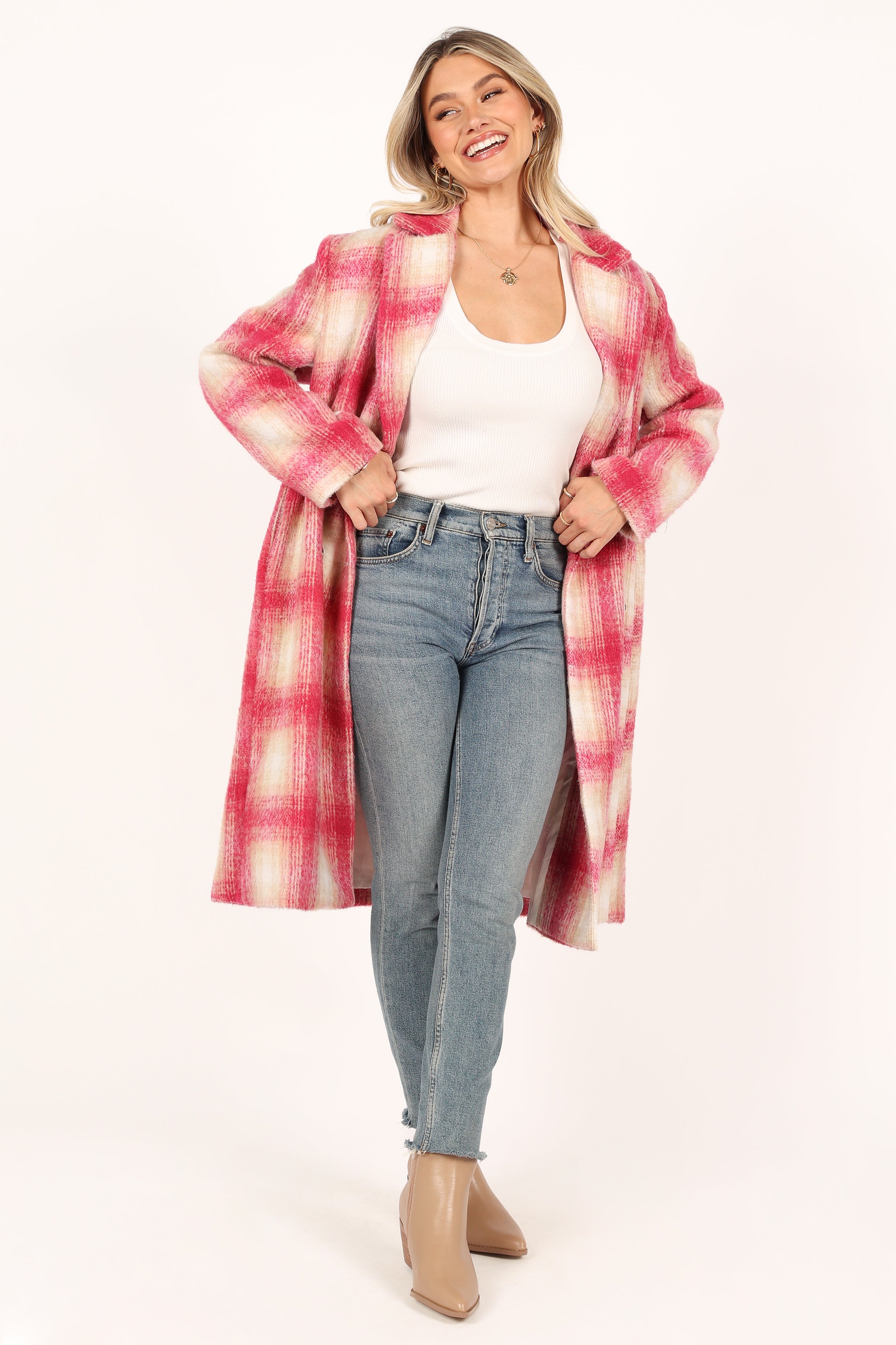 OUTERWEAR @Gianna Button Front Plaid Long Coat - Pink