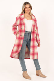 OUTERWEAR @Gianna Button Front Plaid Long Coat - Pink