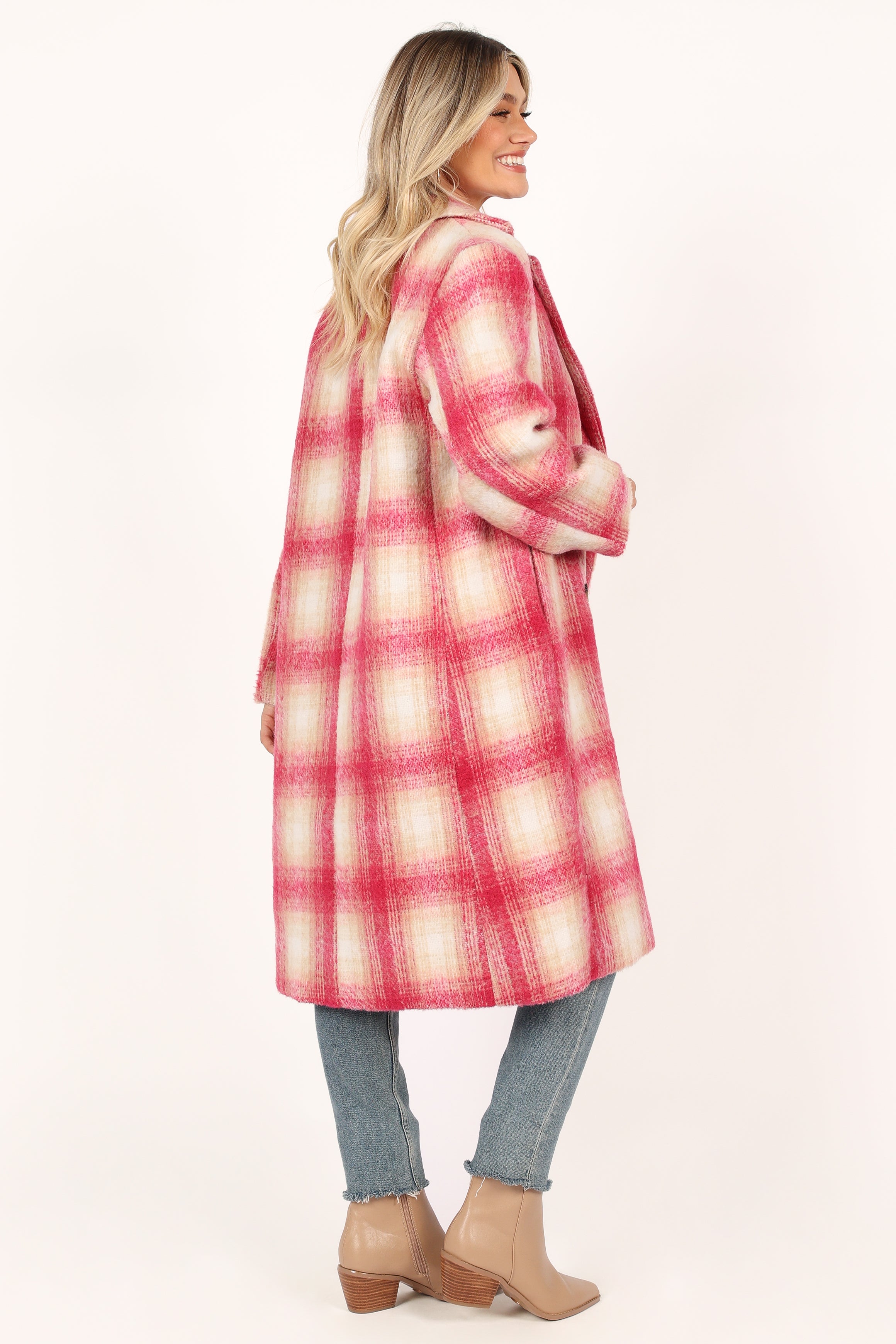 OUTERWEAR @Gianna Button Front Plaid Long Coat - Pink