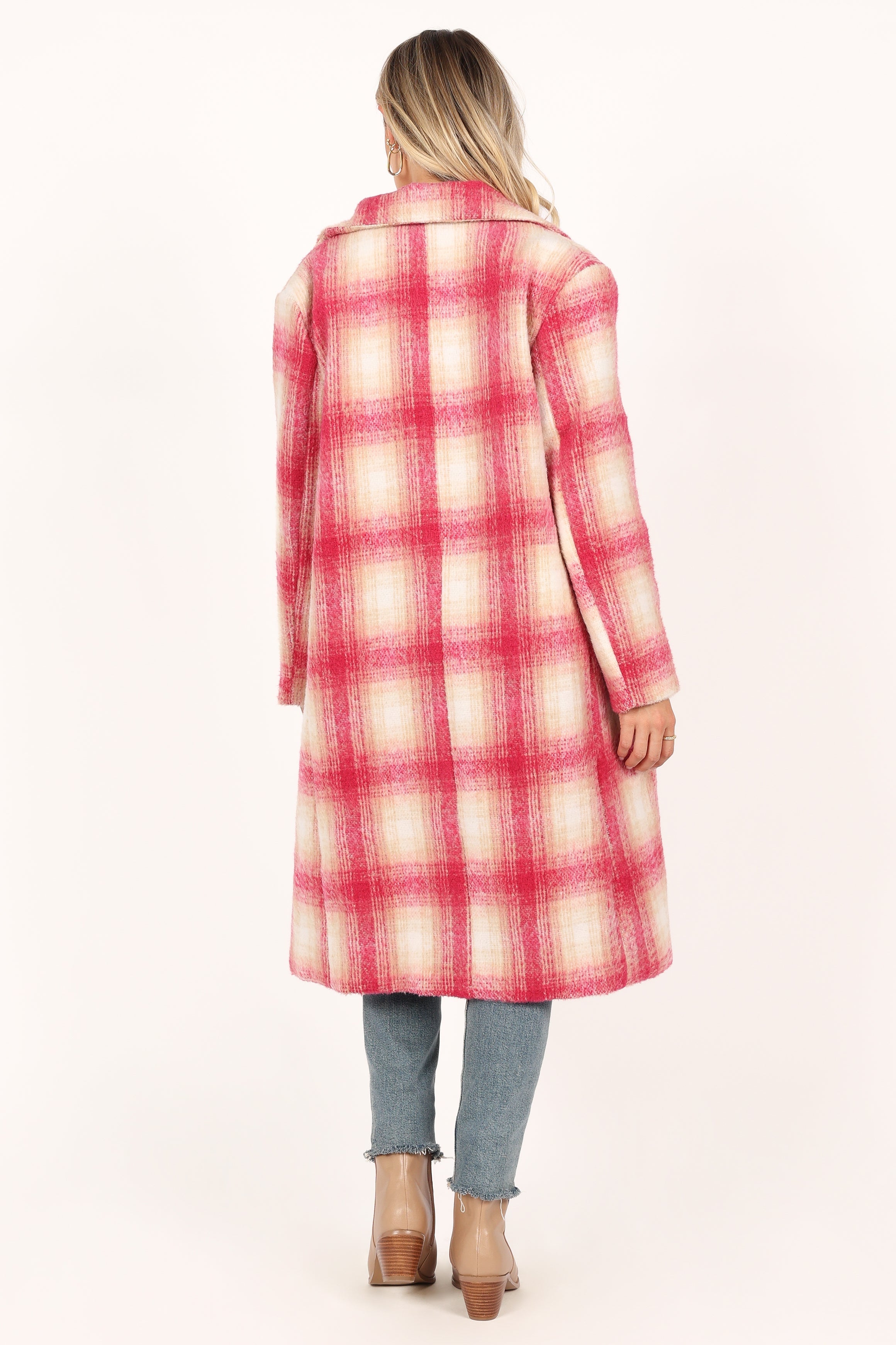OUTERWEAR @Gianna Button Front Plaid Long Coat - Pink