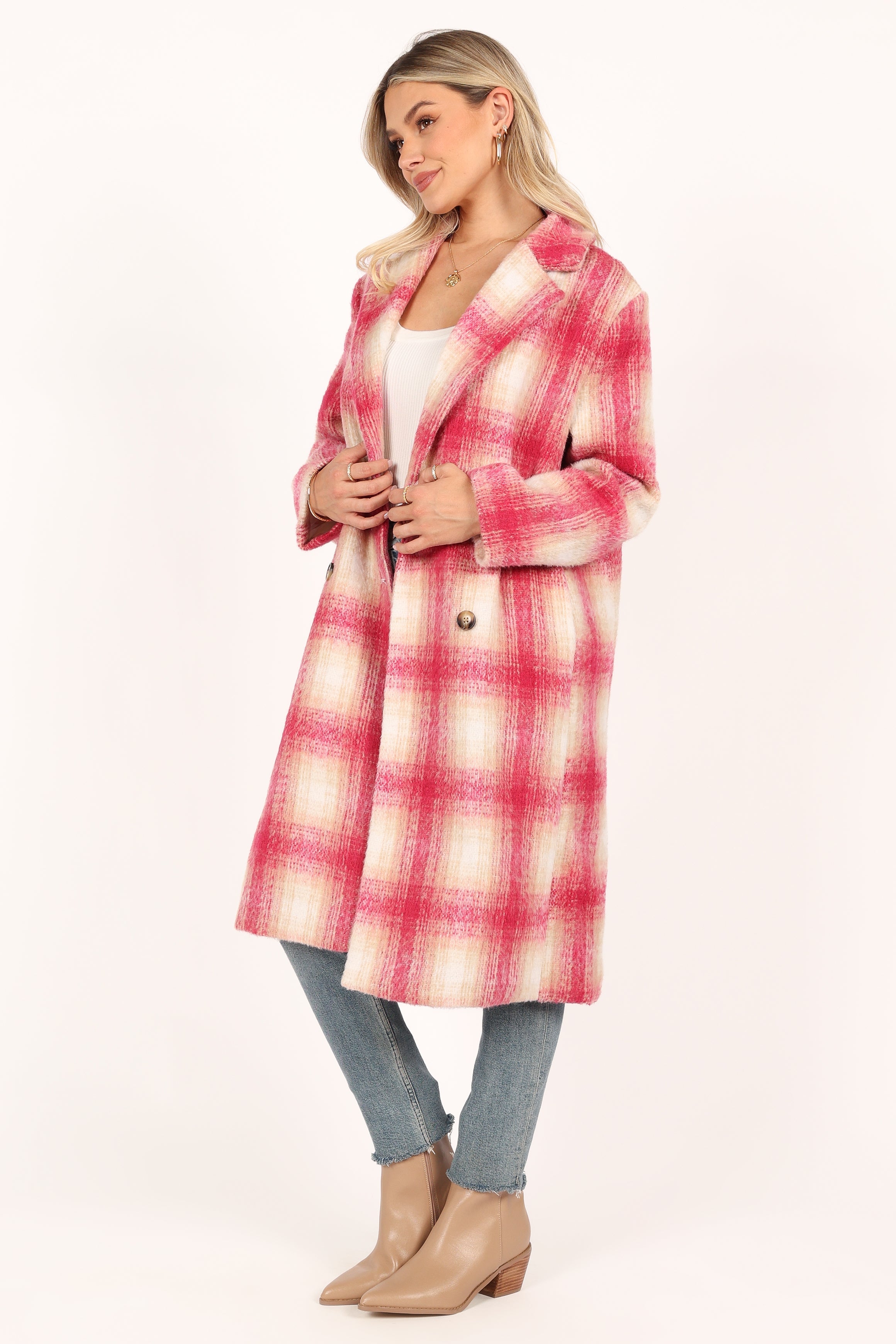 OUTERWEAR @Gianna Button Front Plaid Long Coat - Pink