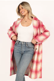 OUTERWEAR @Gianna Button Front Plaid Long Coat - Pink