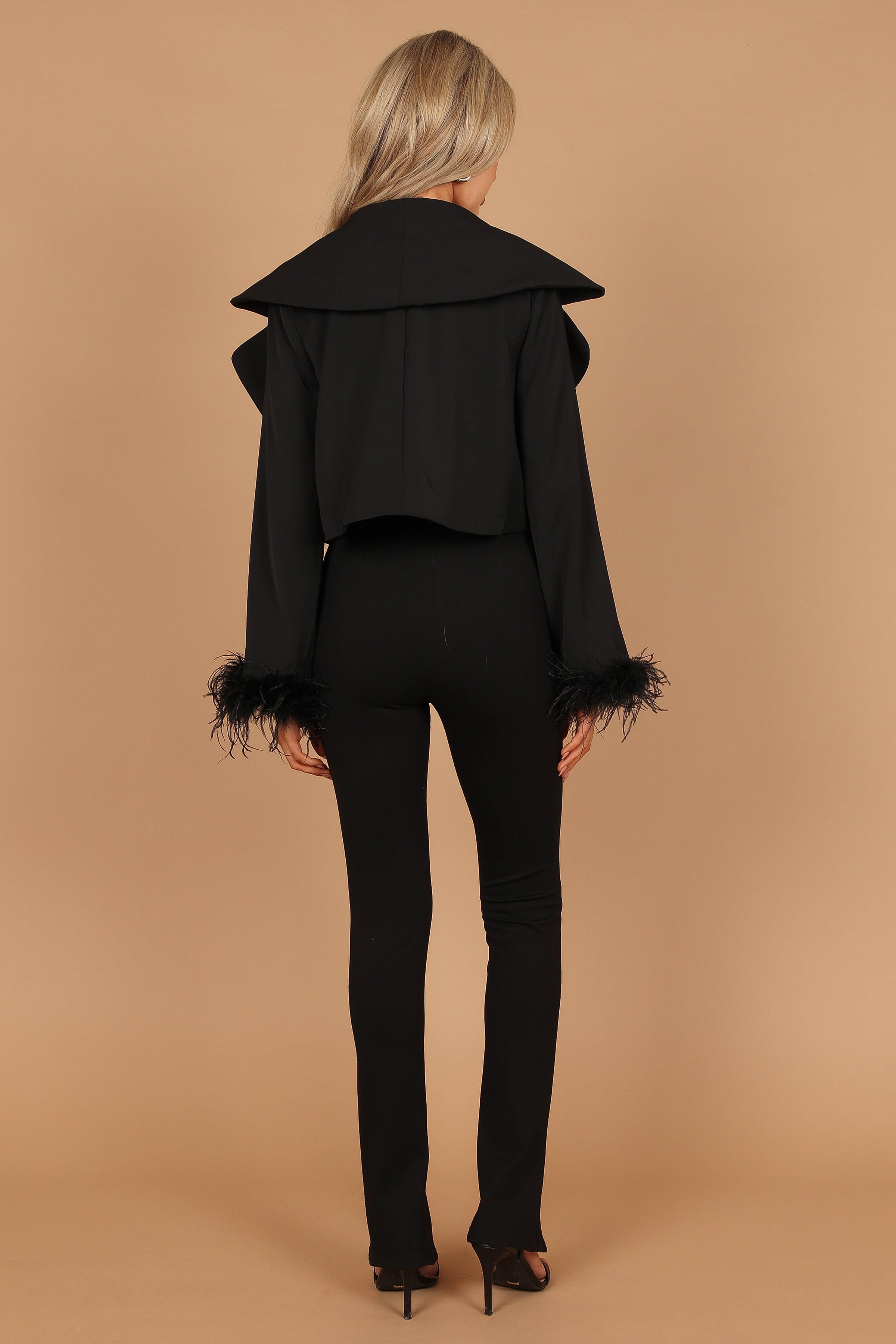 Outerwear @Isla Satin Feather Sleeve Crop Jacket - Black