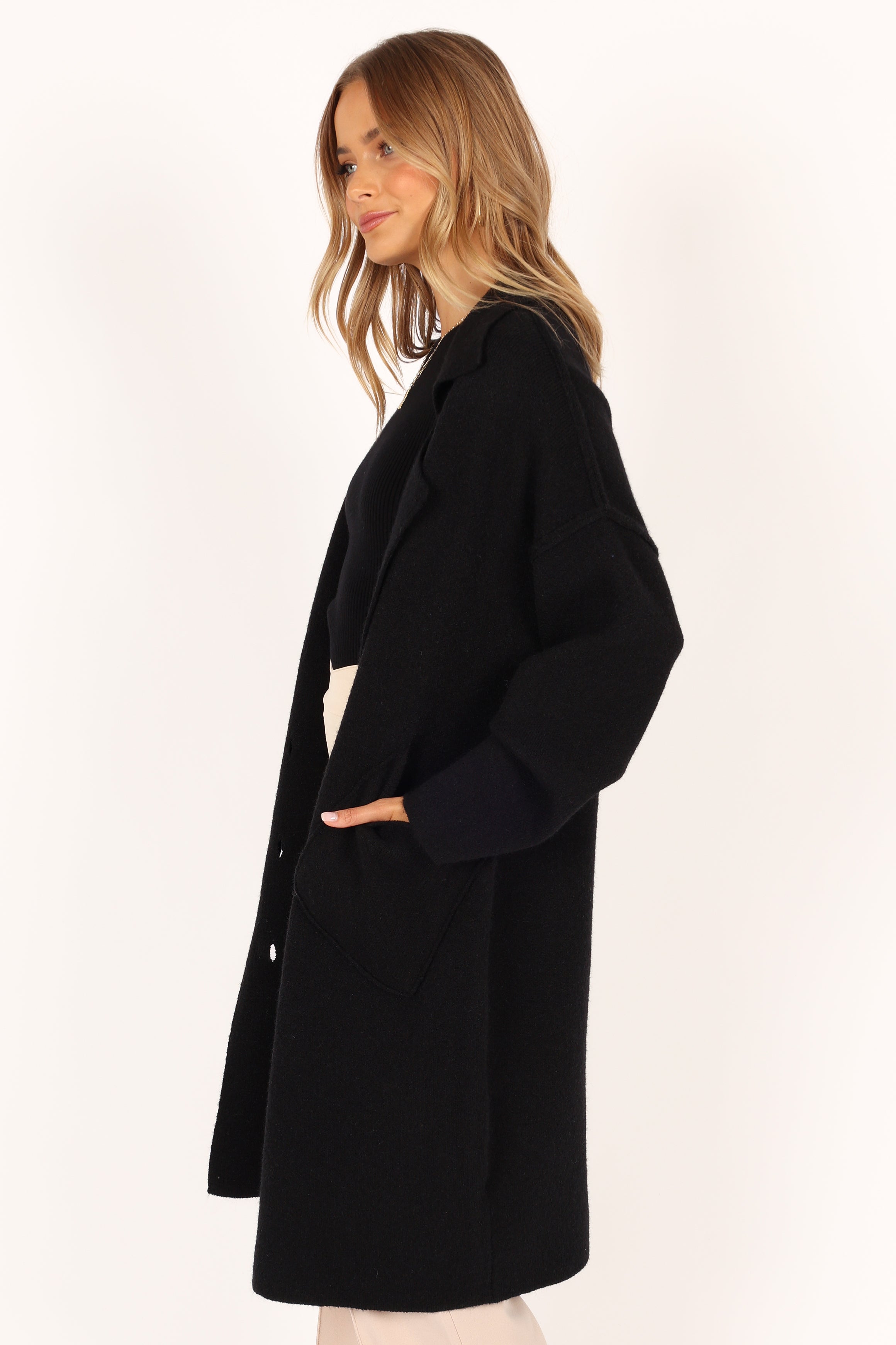 OUTERWEAR @Ivy Button Front Coatigan - Black