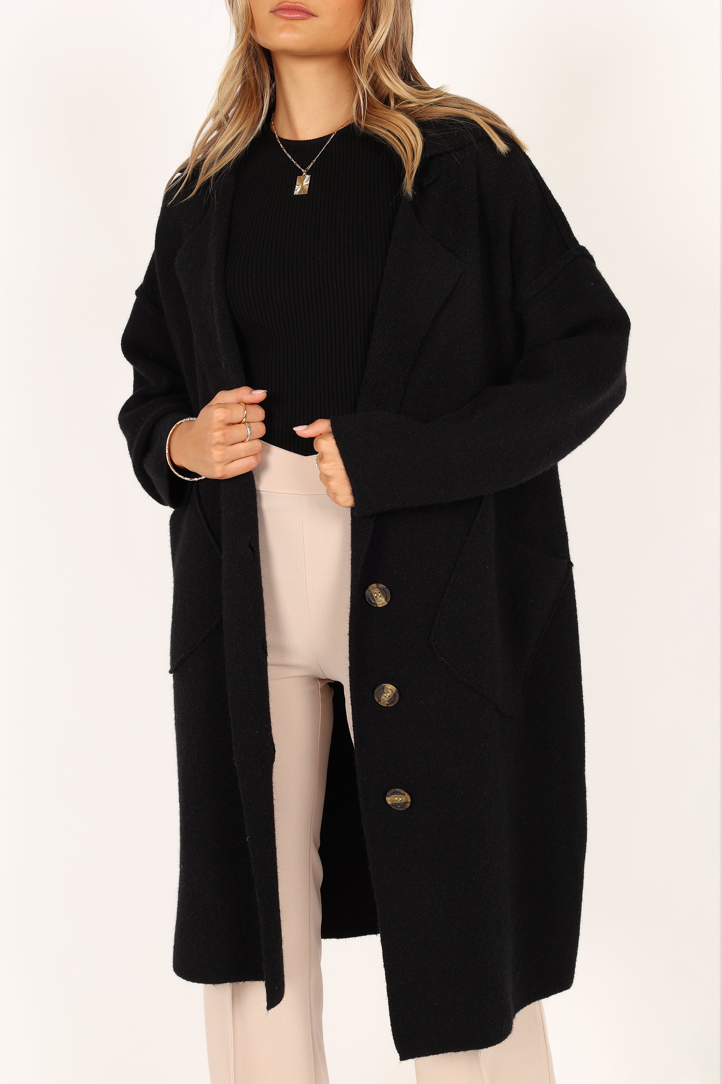 OUTERWEAR @Ivy Button Front Coatigan - Black