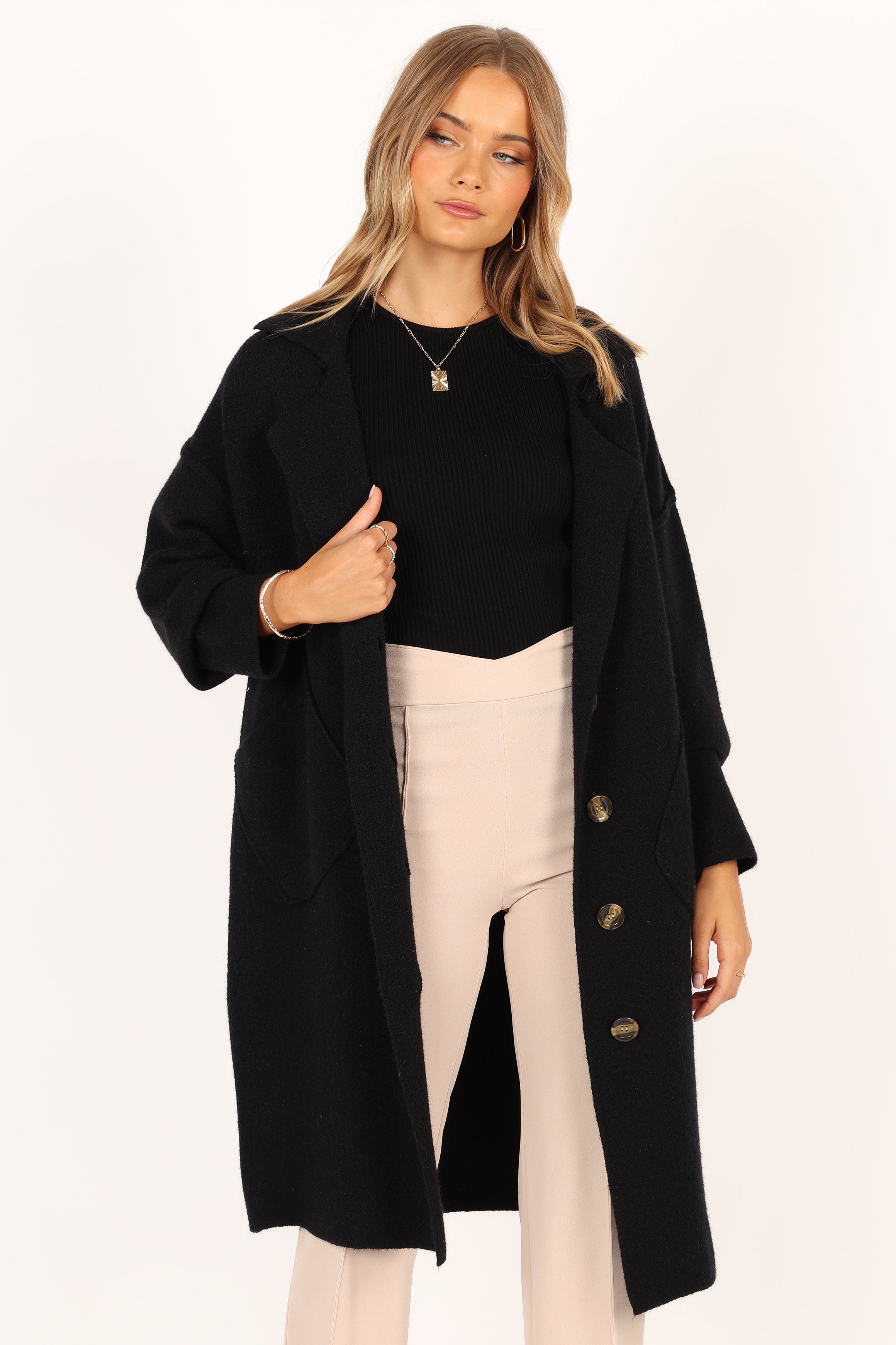 OUTERWEAR @Ivy Button Front Coatigan - Black