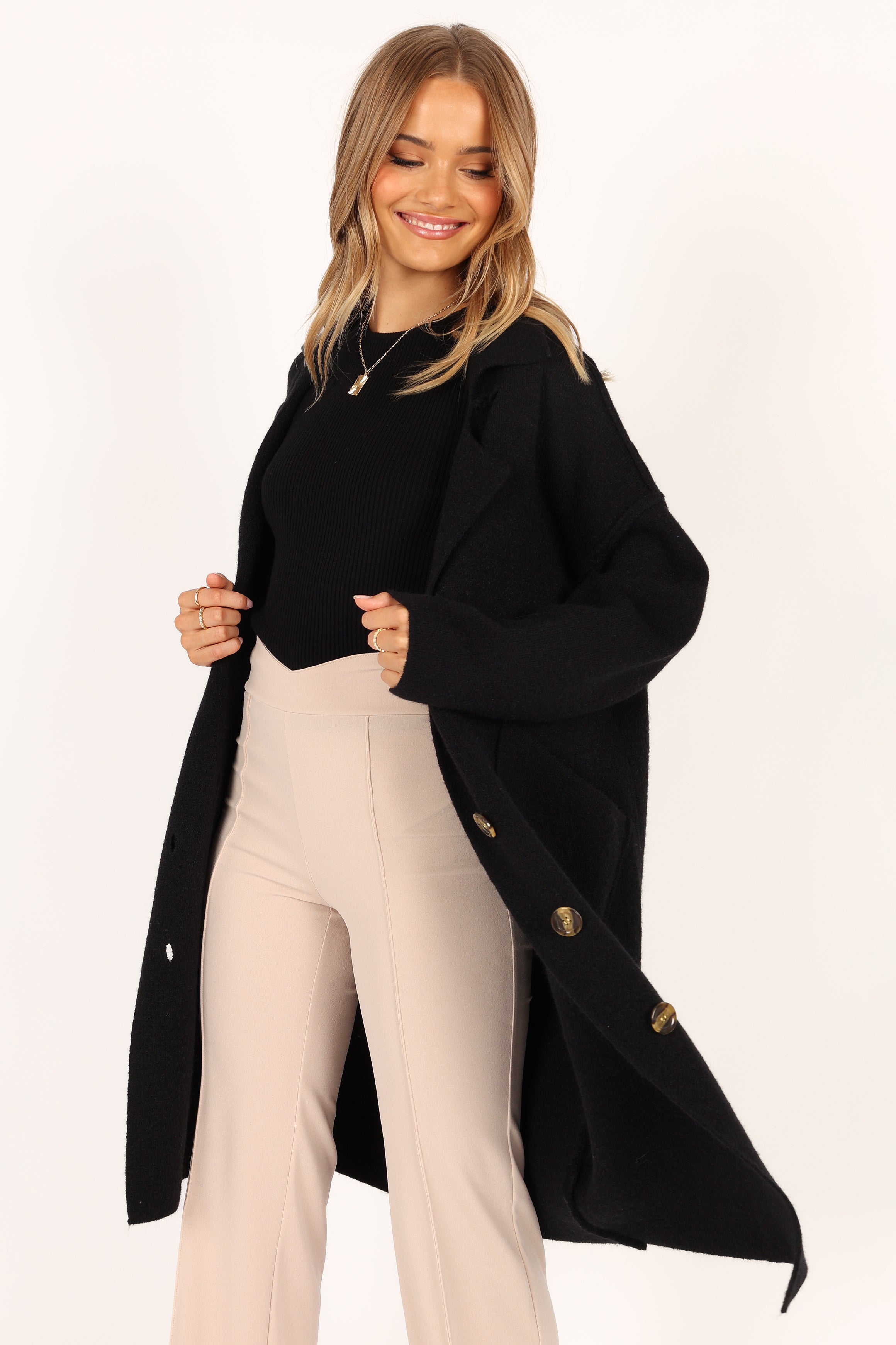 OUTERWEAR @Ivy Button Front Coatigan - Black