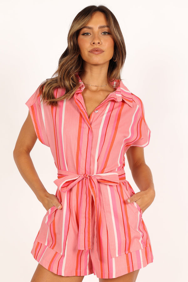 PLAYSUITS @Addie Tie Waist Playsuit - Pink Stripe