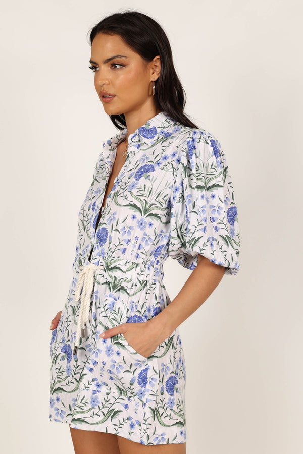 PLAYSUITS @Annie Linen Playsuit - Blue Floral