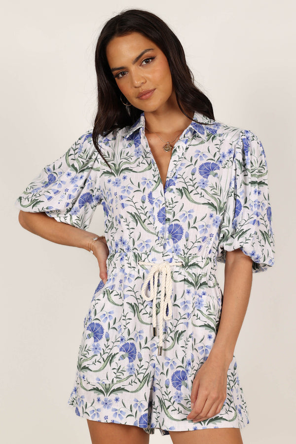 PLAYSUITS @Annie Linen Playsuit - Blue Floral