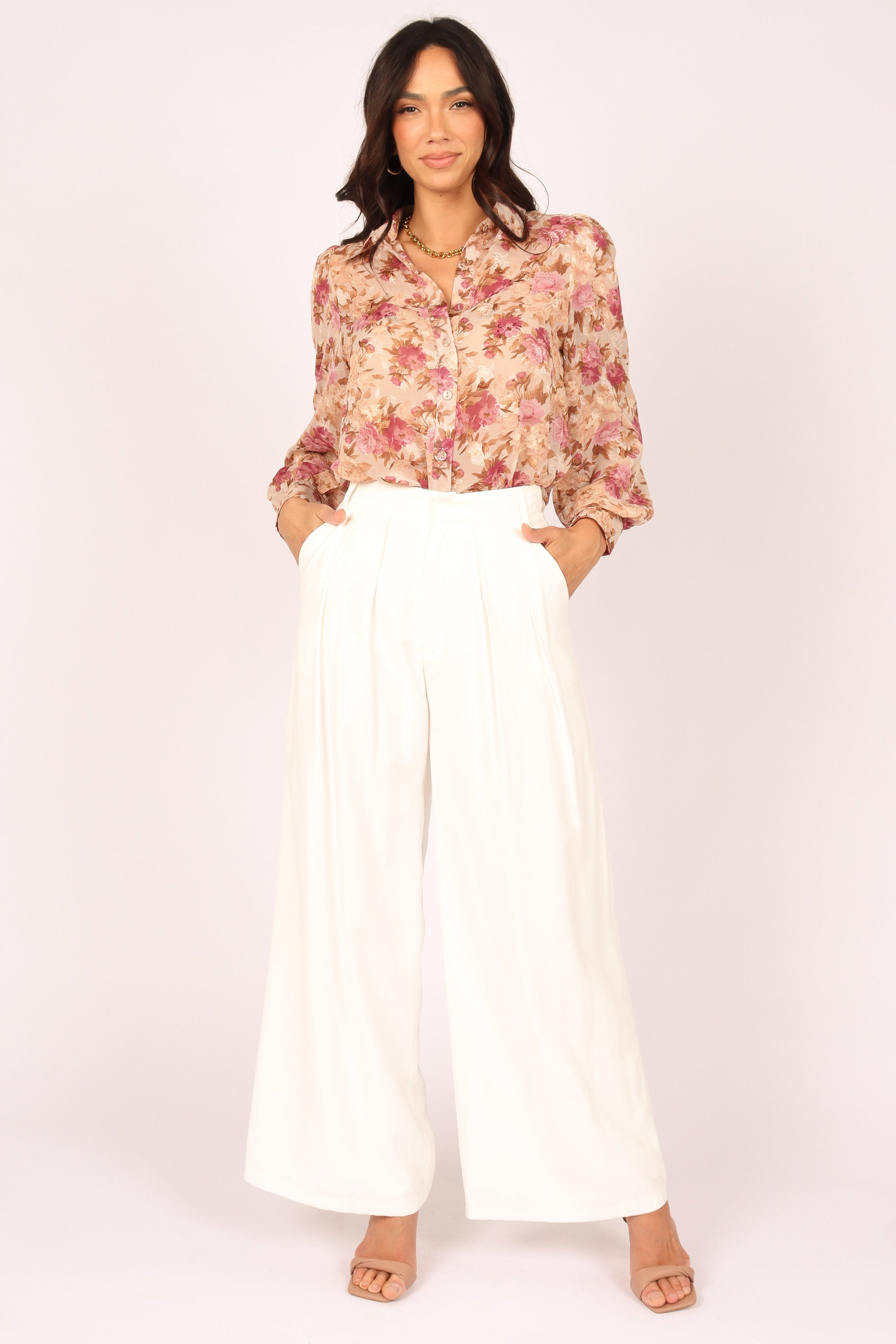 TOPS @Abbey Floral Button Front Top - Beige
