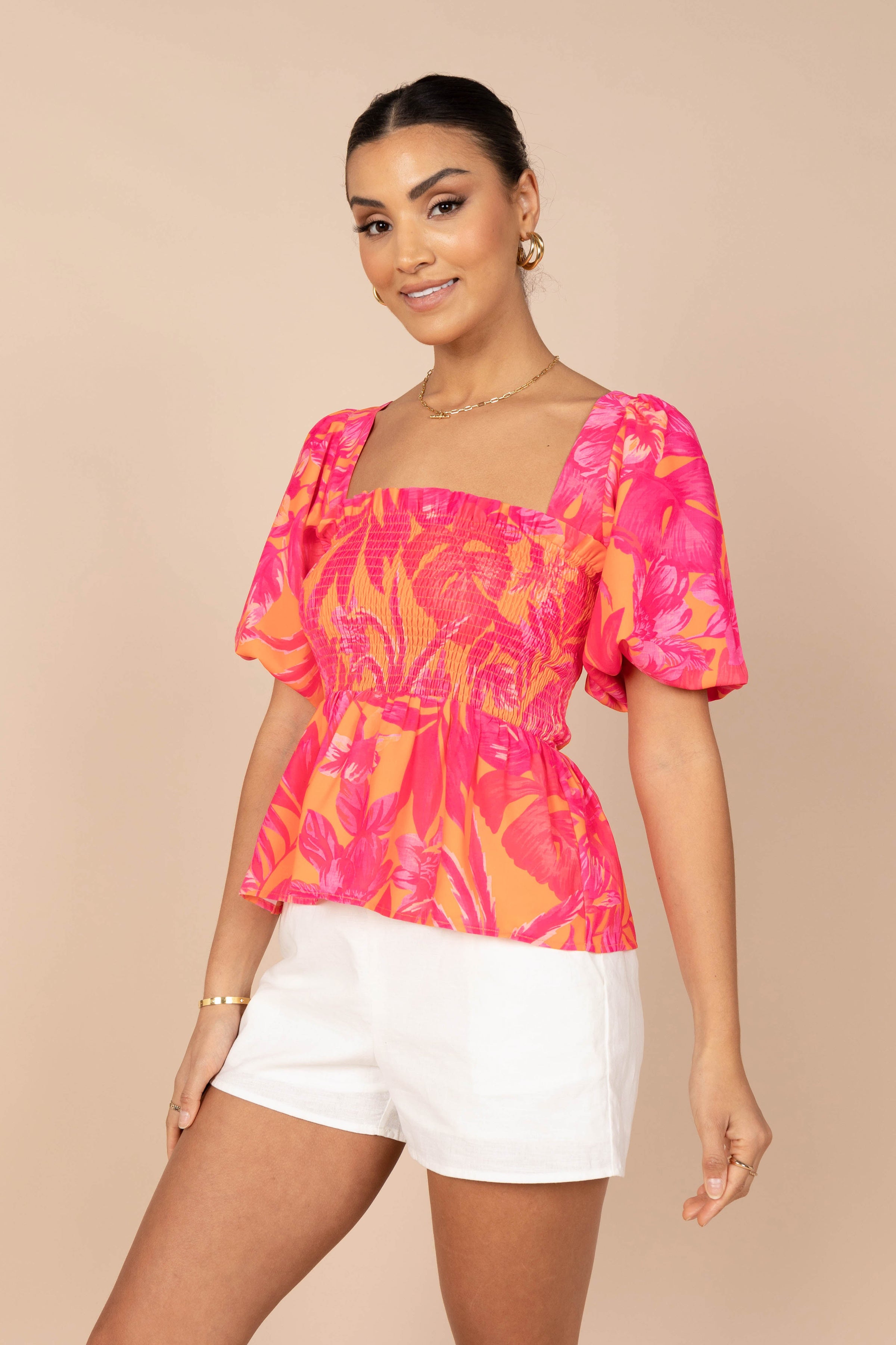 TOPS @*Addison Peplum Top - Pink Tropics