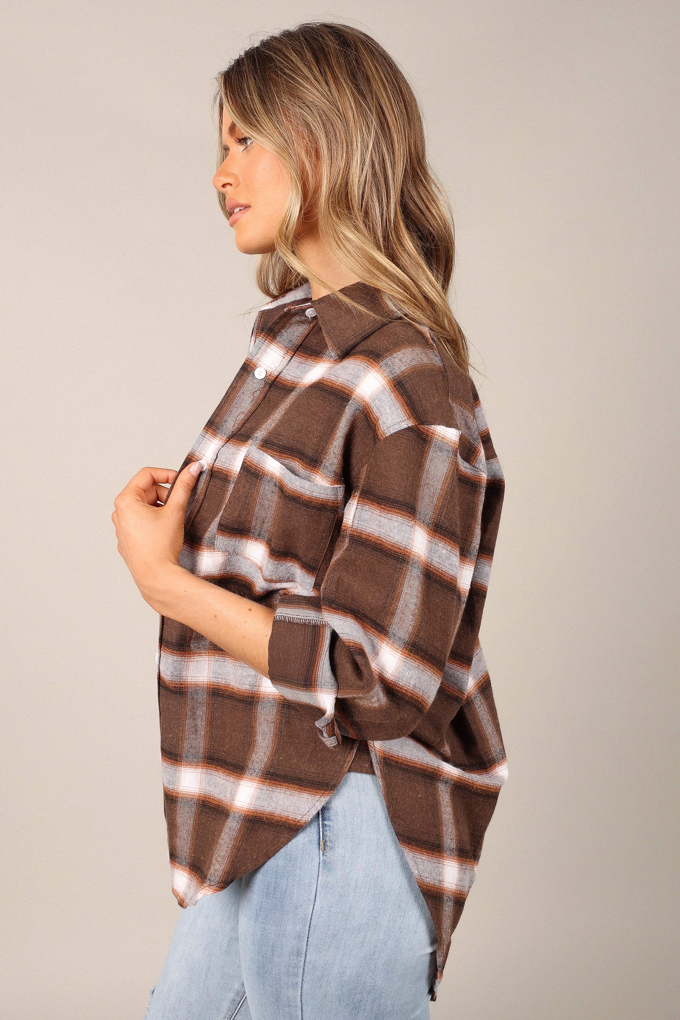 TOPS @Alannah Plaid Button Down Shirt - Brown