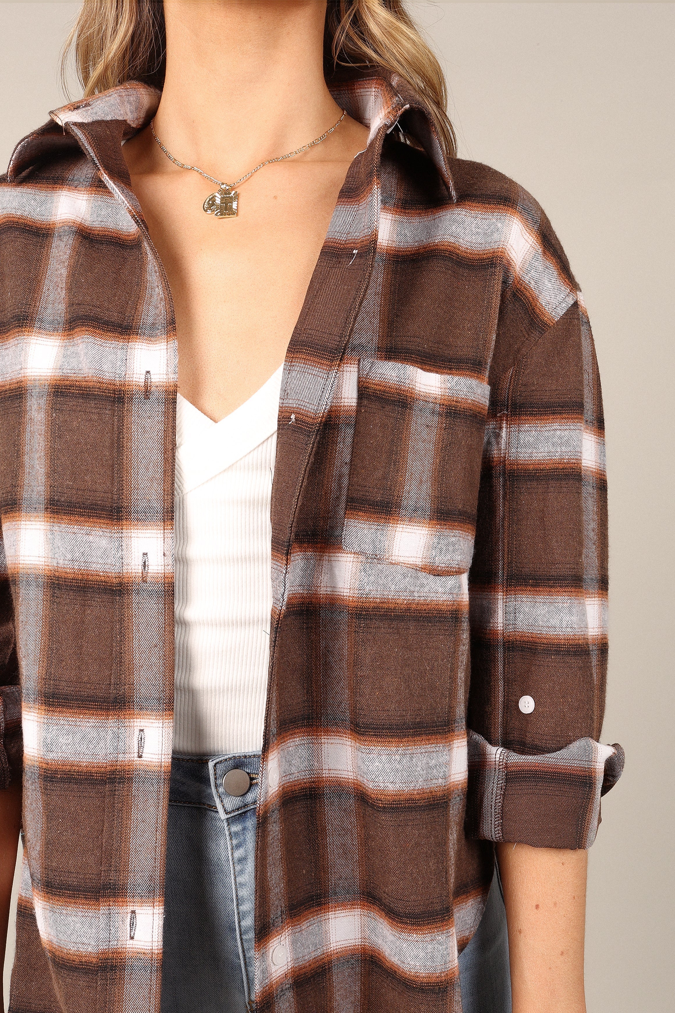 TOPS @Alannah Plaid Button Down Shirt - Brown