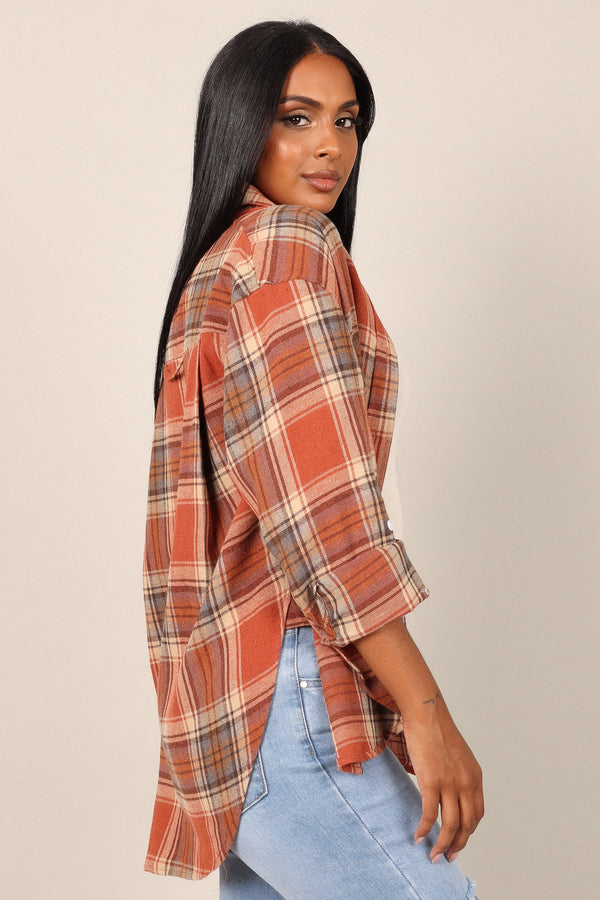 TOPS @Alexia Plaid Button Down Shirt - Brick