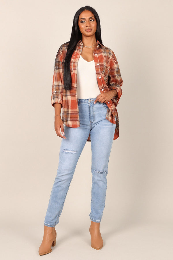 TOPS @Alexia Plaid Button Down Shirt - Brick