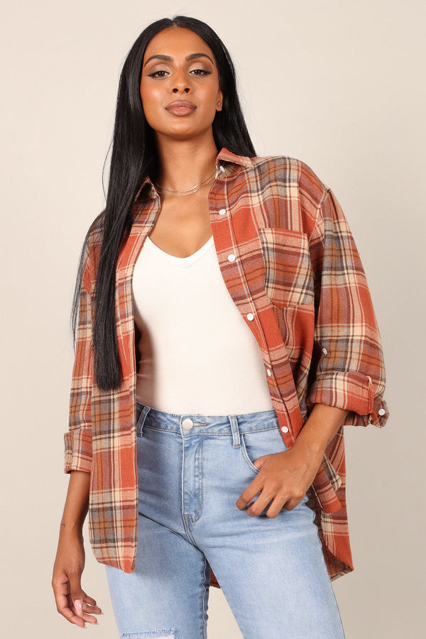 TOPS @Alexia Plaid Button Down Shirt - Brick