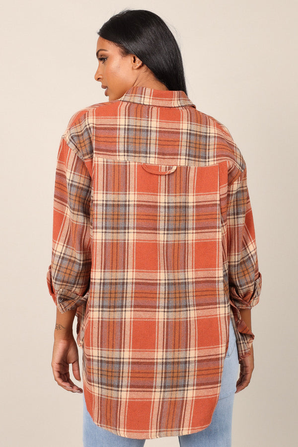 TOPS @Alexia Plaid Button Down Shirt - Brick