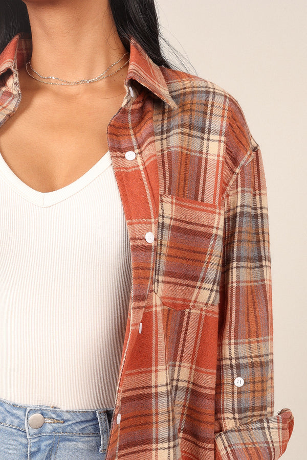 TOPS @Alexia Plaid Button Down Shirt - Brick