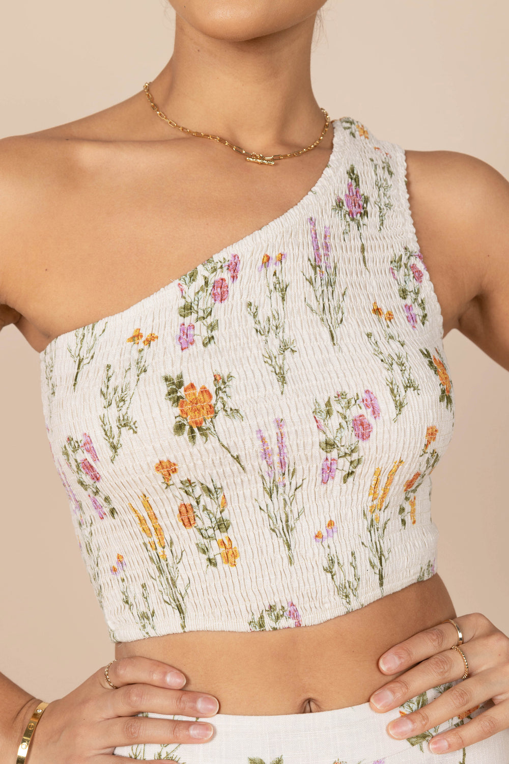 TOPS @August Shirred Cropped Top - Beige Floral