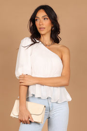 TOPS @Daylily One Shoulder Peplum Top - White (waiting on bulk)
