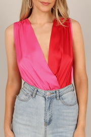 TOPS Diane Satin V Neck Bodysuit - Pink/Red