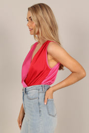 TOPS Diane Satin V Neck Bodysuit - Pink/Red