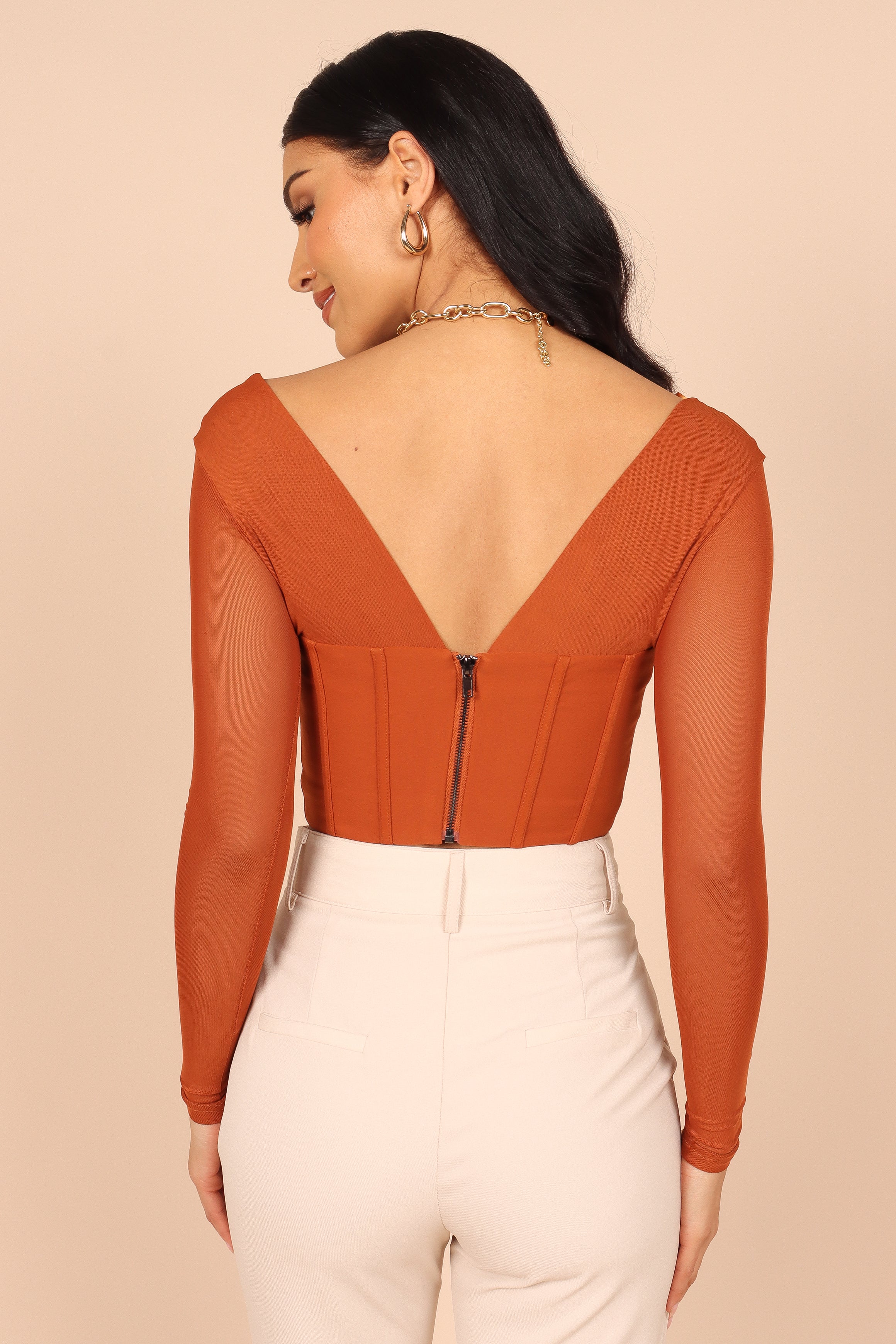 TOPS @Elidy Long Sleeve Mesh Corset Top - Cinnamon