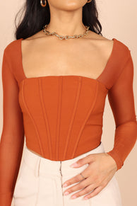 TOPS @Elidy Long Sleeve Mesh Corset Top - Cinnamon