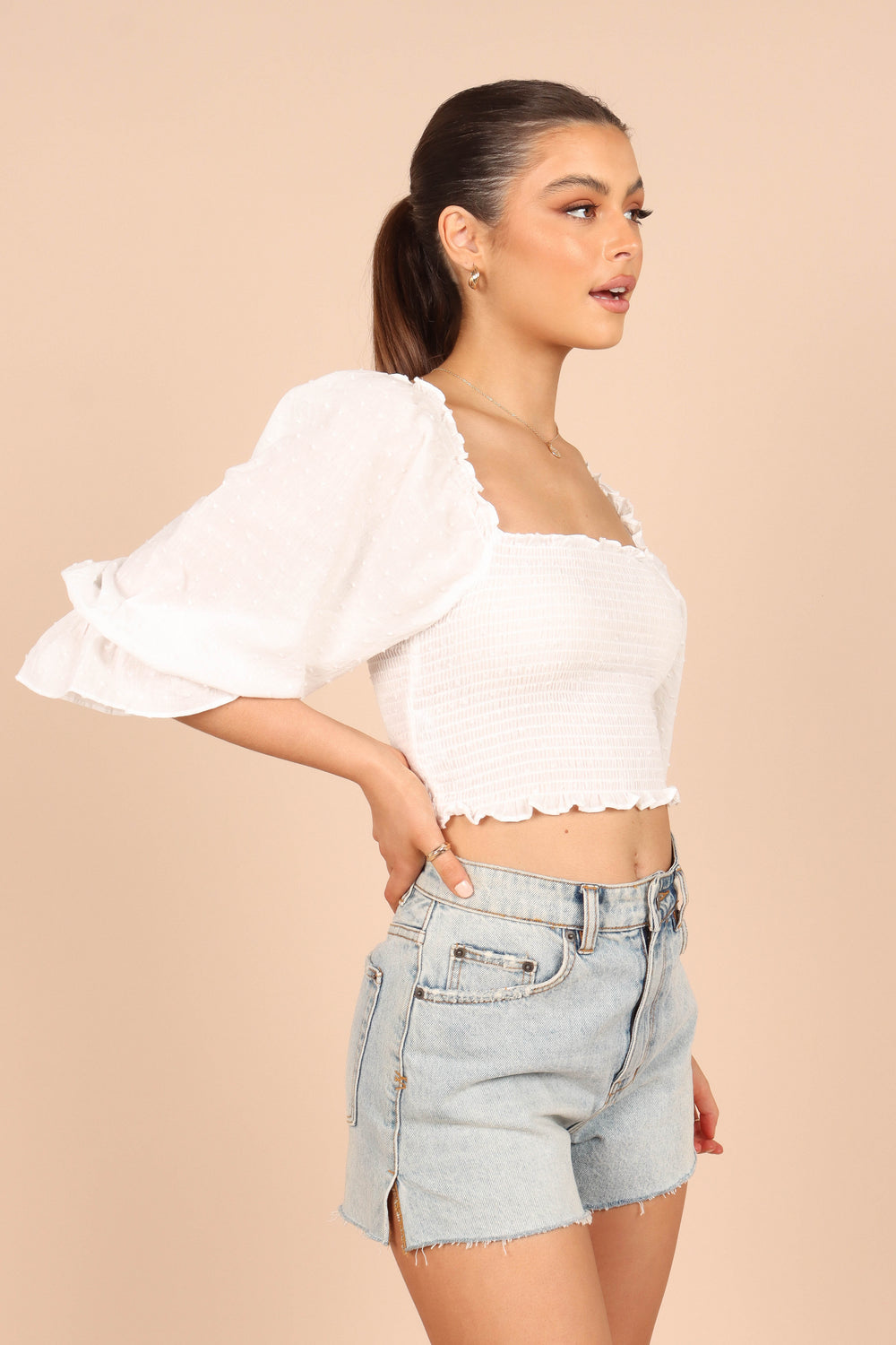 Isabelle Shirred Puff Sleeve Top - White - Petal & Pup