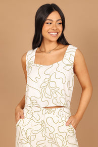 TOPS @Preston Linen Cropped Top - White / Green (waiting on bulk)