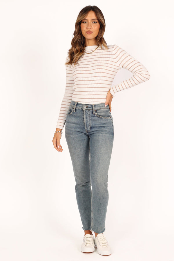 TOPS @Stacie Ribbed Knit Top - Beige Stripe